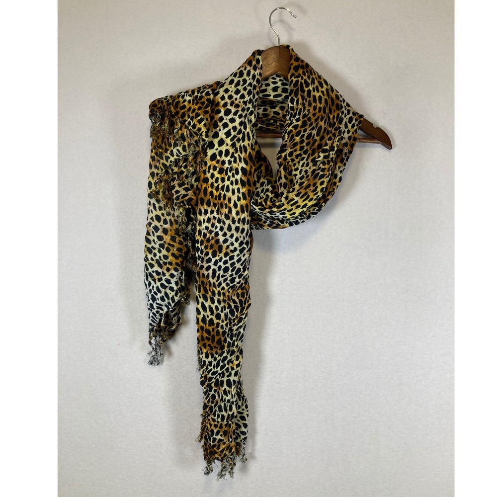 Mob Wife Leopard Print Women OS Tan Black Fringe Trim Wrap‎ Scarf